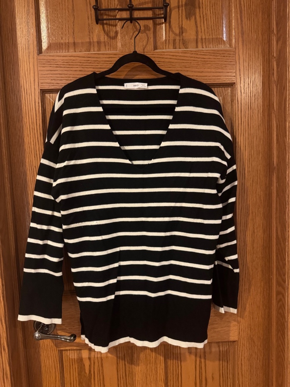 Mango Black & White Striped V-Neck Sweater